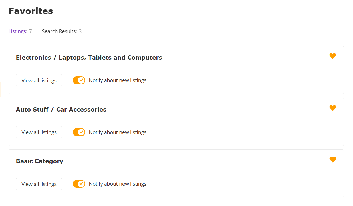Список избранных поисков в кабинете пользователя