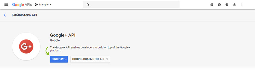 Включение службы Google+ API
