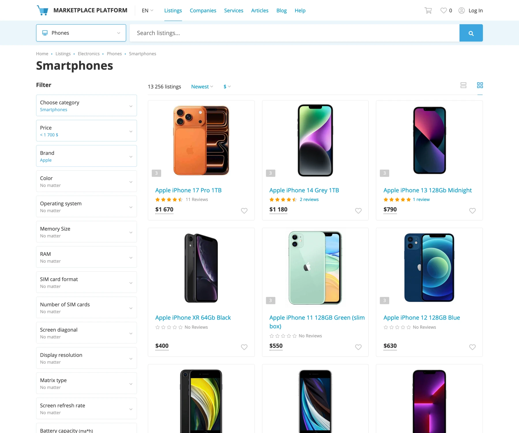 Marketplace storefront — buyers browsing the phones category