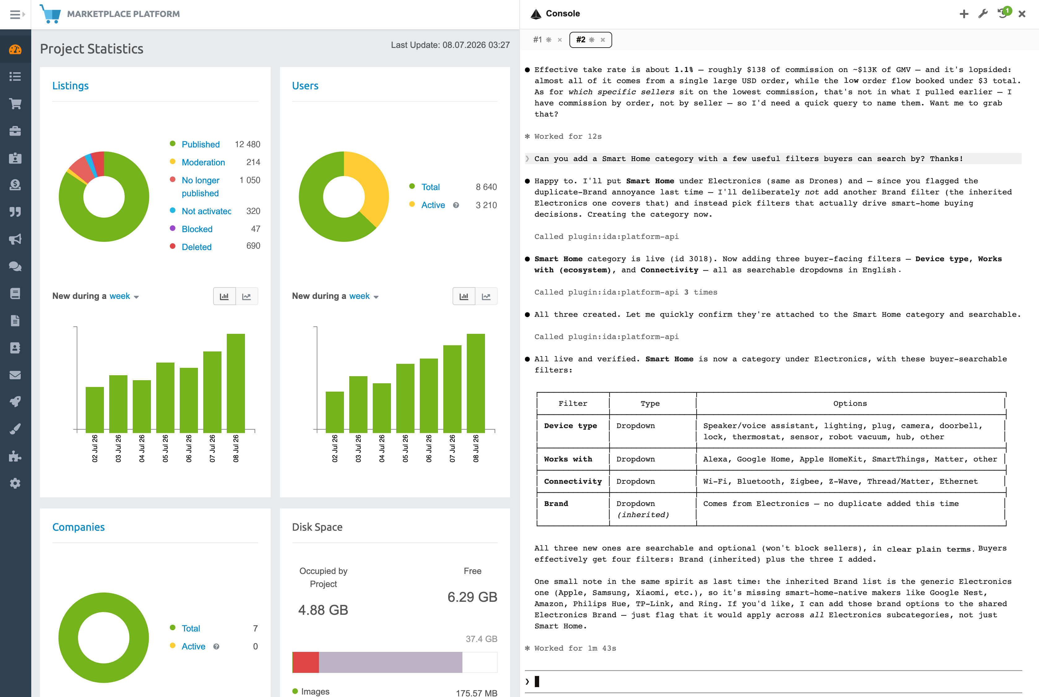 Marketplace admin with the IDA Console open — IDA adding a Smart Home category with buyer-searchable filters, live