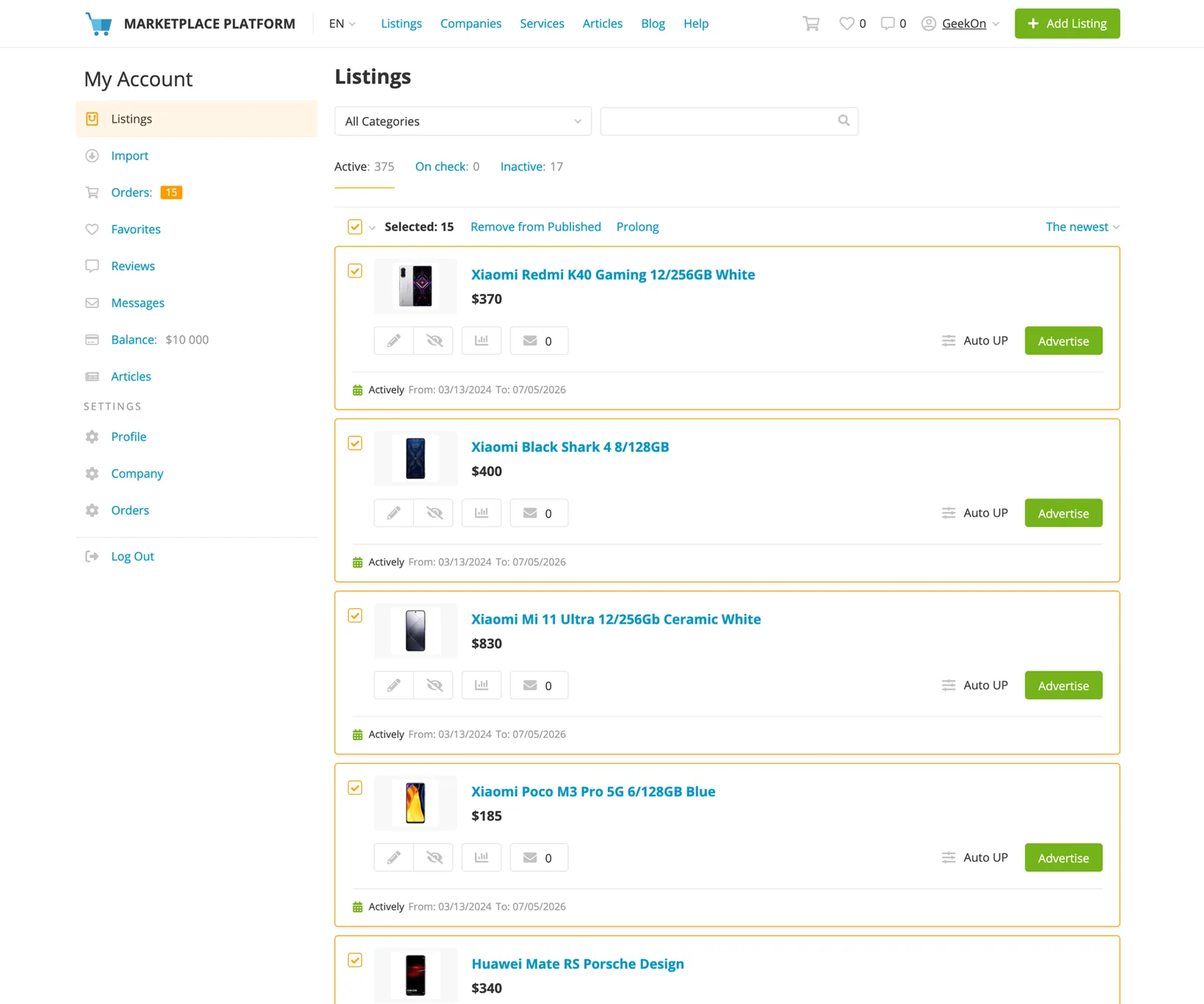Seller workspace — the vendor's listings manager