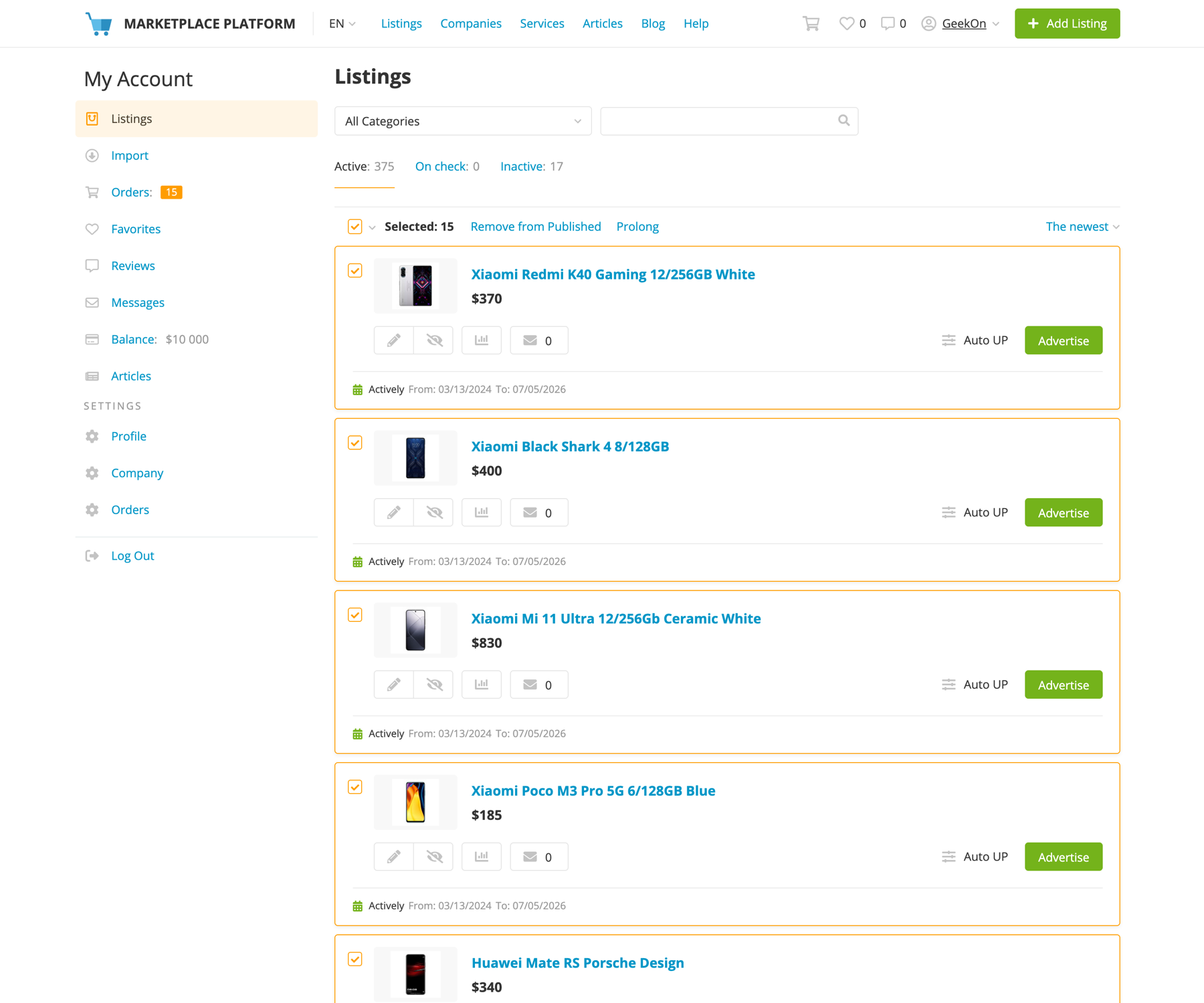 Seller workspace — the vendor's listings manager