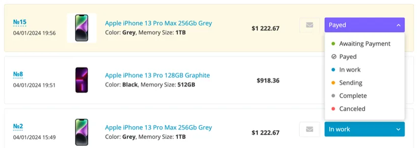 Vendor sale — changing the order status