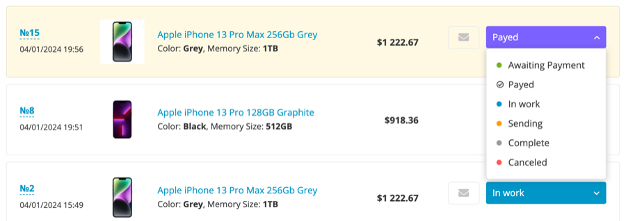 Vendor sale — changing the order status
